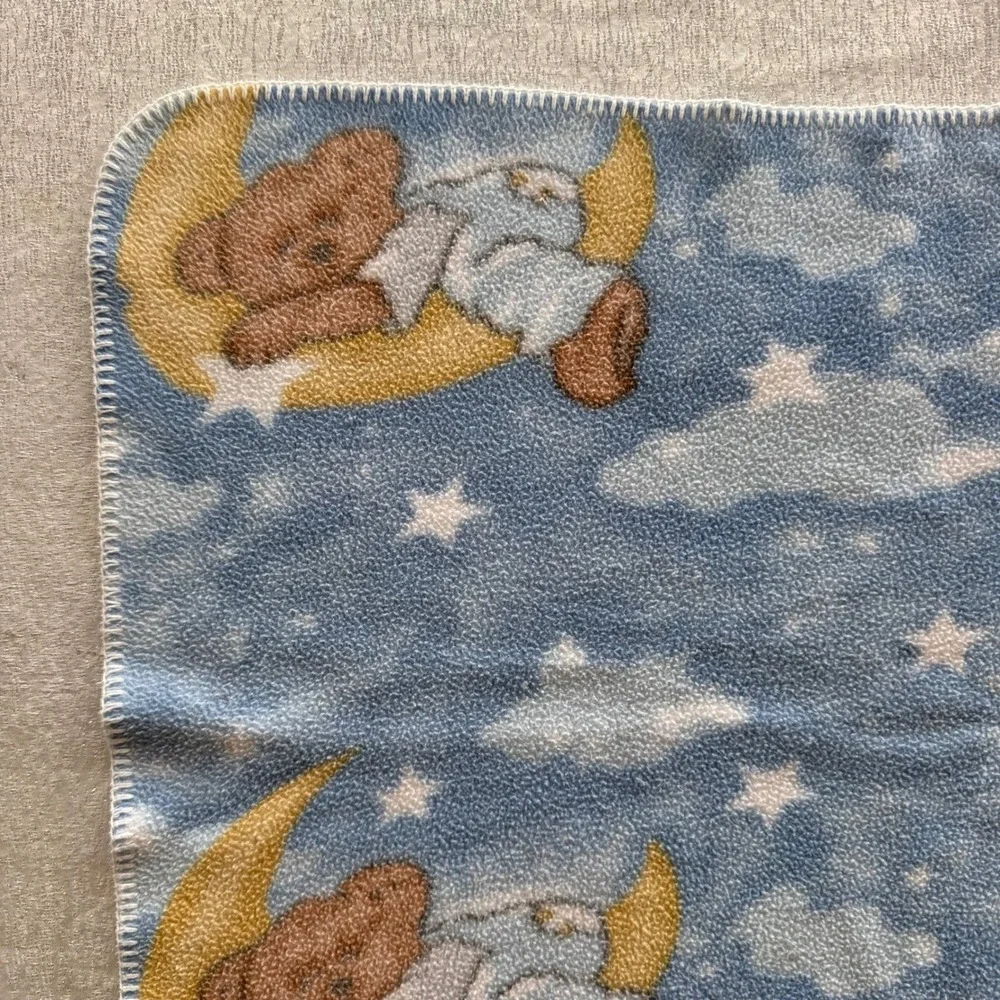 Vintage Dolly Boyd's Collection Teddy Bear Baby Blanket Moon Stars Blue 28x36